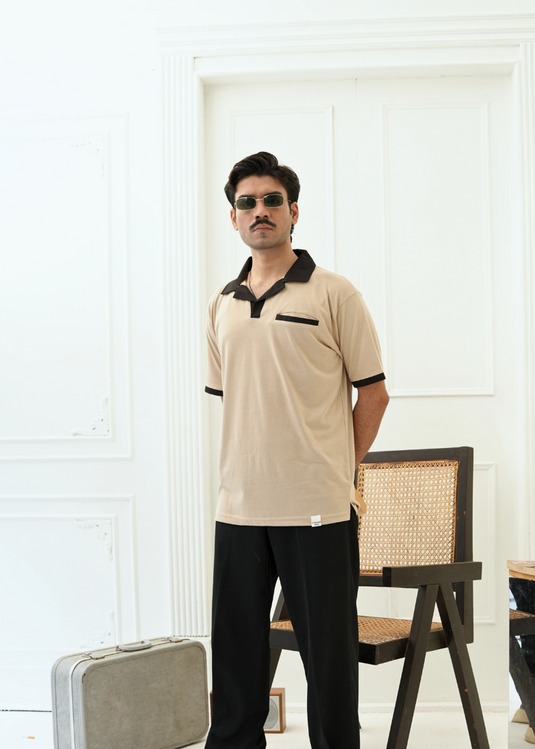 Men's Classic V-Neck Polo with Pocket – Beige