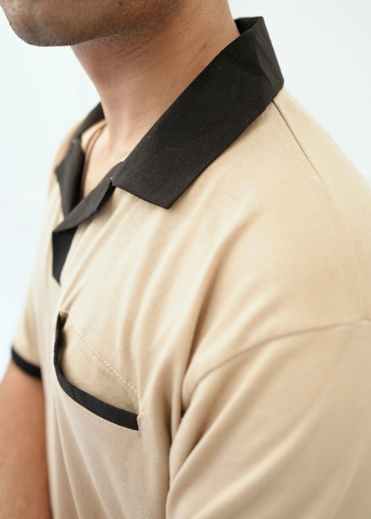 Men's Classic V-Neck Polo with Pocket – Beige