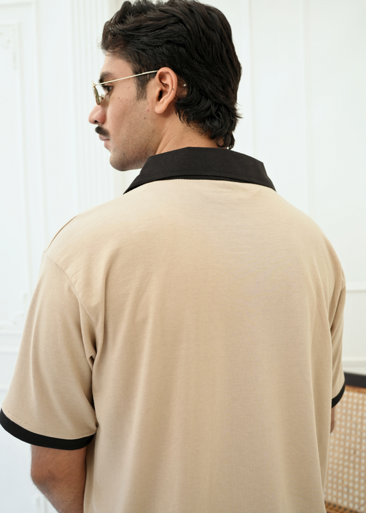 Men's Classic V-Neck Polo with Pocket – Beige